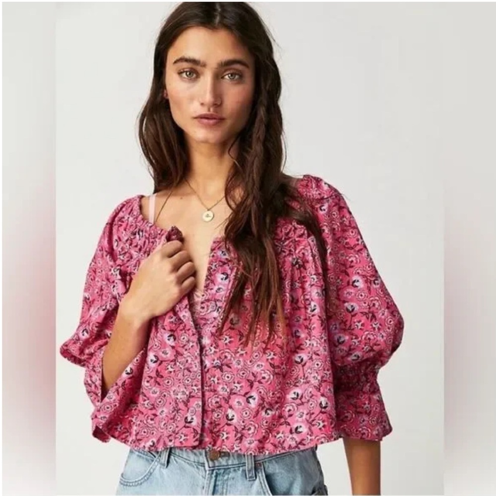 Free People James Smocked Floral Pink Blouse Size Large